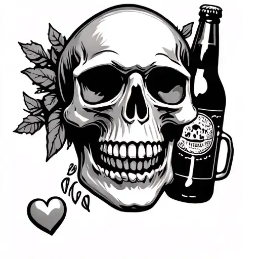 Skull With Heart And Beer Bottle Surrounded