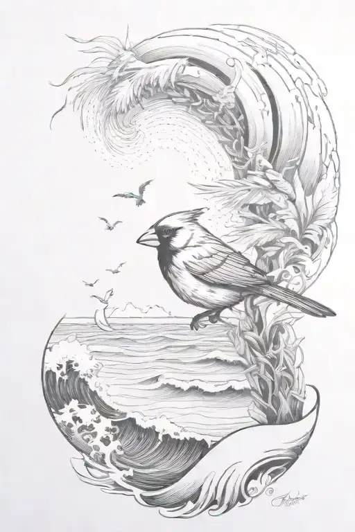 Ocean Waves With A Cardinal Flying And Dark And A Palm Tree On A Beach