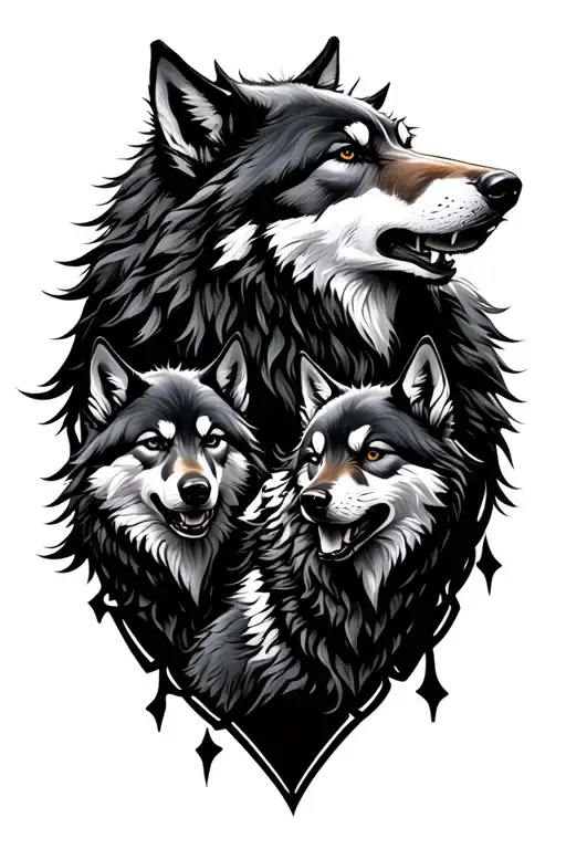 Celtic Wolf With Two Baby Wolves Howling