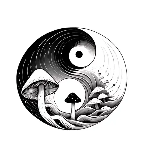 Yin And Yang With Waves And Little Mushrooms