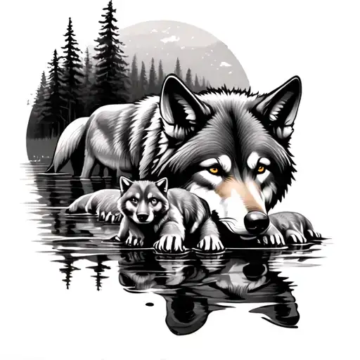 Father Wolf With Cubs In Forest Reflecting Off Water
