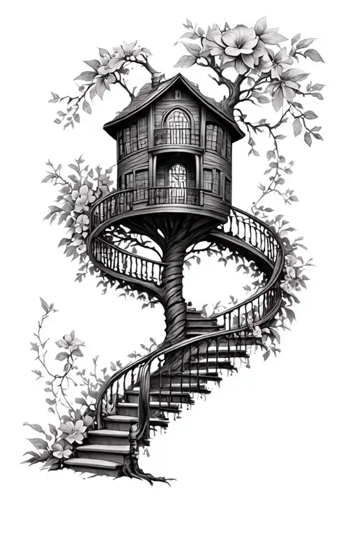Spirl Stair Case With Books A Tree House And Vines And Big Flowers