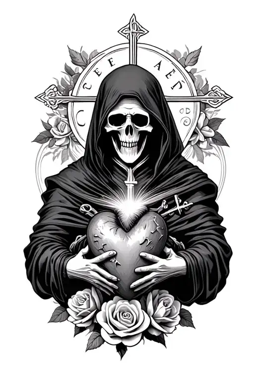 Realistic Grim Reaper Holding A Sacred Heart With Creed Above It Background With Roses