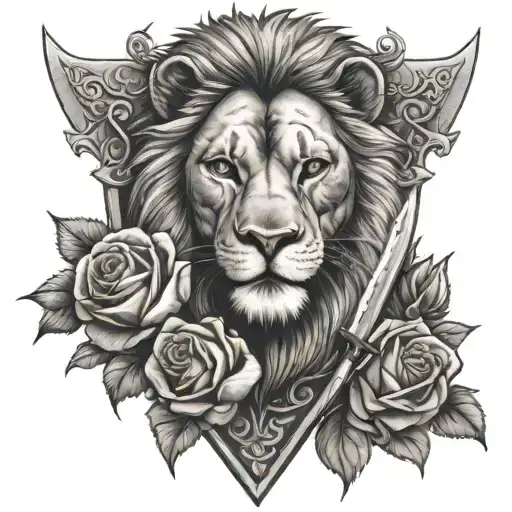 Lion And Wolf Head And Sword With Roses