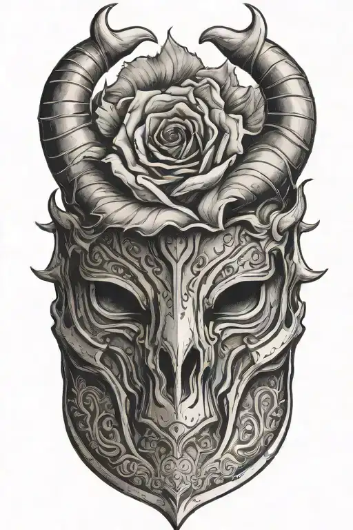 Single Rose Growing Out Of Medieval Knight Helmet With Bull's Horns