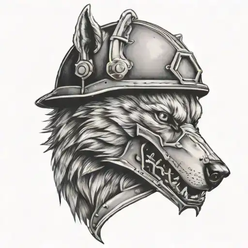 A Black-grey Tattoo Of A Military Helmet With The Image Of A Wolf's Head Inside