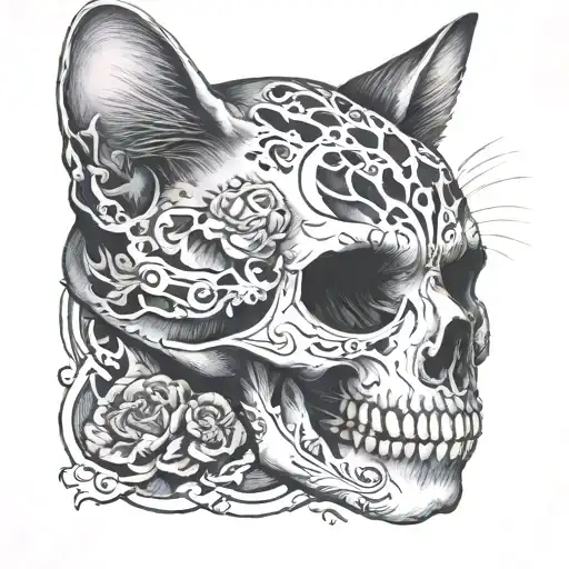 Cat And Dead Cat Half Face Skull