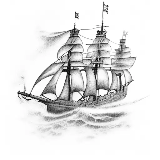 Rustic Pirate Ship With Keltic Crosses On The Sails An Waves Crashing Up Against The Ship