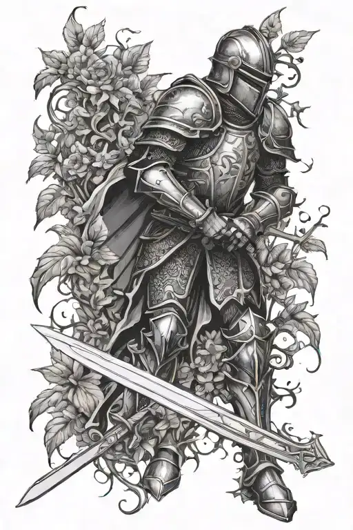 Knight With A Sword In The Ornate Bushes