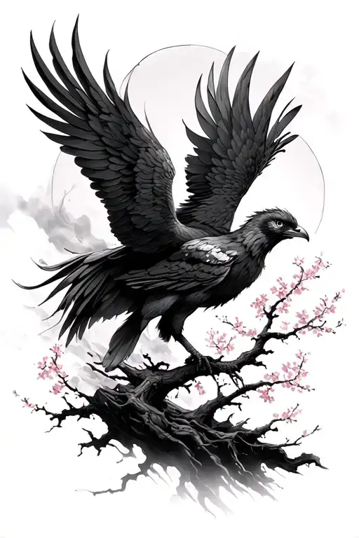 Phoenix Riding From Ashes And Cherry Blossom Tree