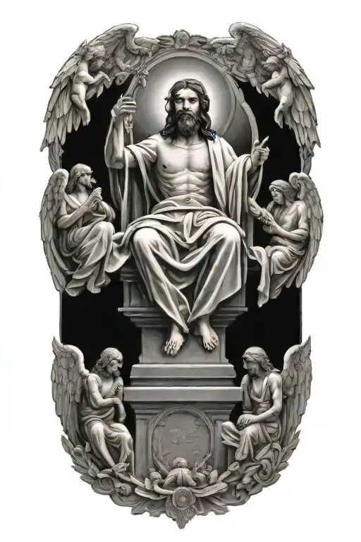 Jesus On The Throne In Heaven Surrounded By Angels