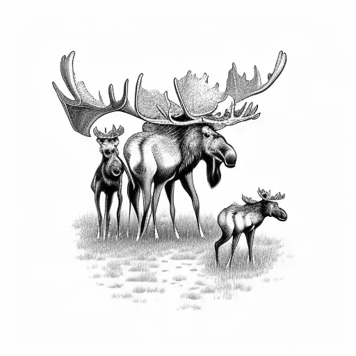 A Family Of Moose Standing In A Field With A Baseball Diamond In The Background