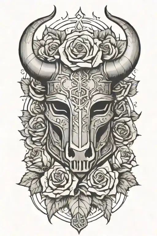 Rose Growing Out Of Knight Helmet With Bull's Horns