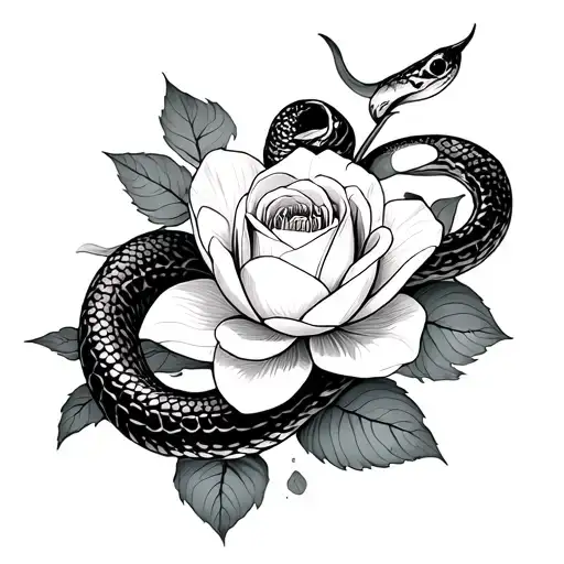 A Snake Wrapped Around A White Rose And Water Lily Flower