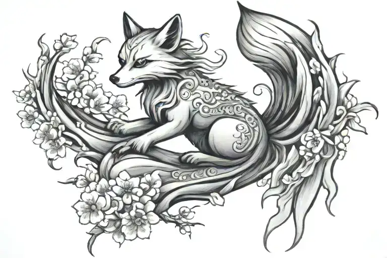 Nine Tailed Fox With Cherry Blossom Tree