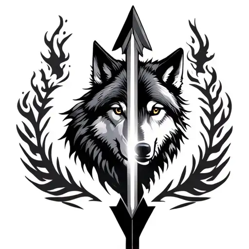 A Vertically Located Arrow In The Middle Of The Arrow Is A Wolf And Around A Small Flame Of Light