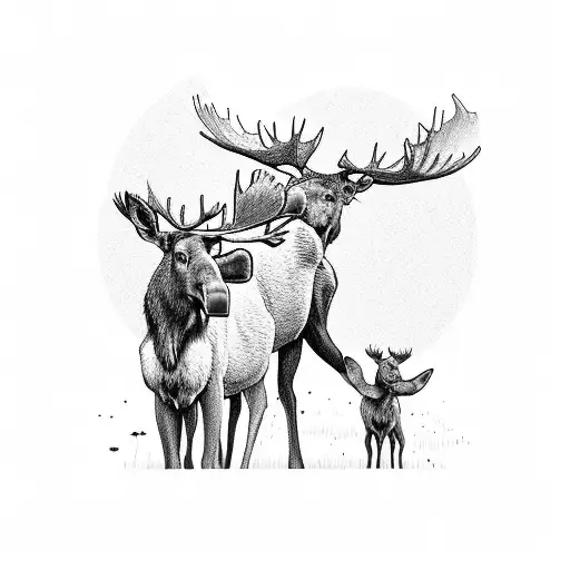 A Family Of Moose Standing In A Field With A Baseball Diamond In The Background