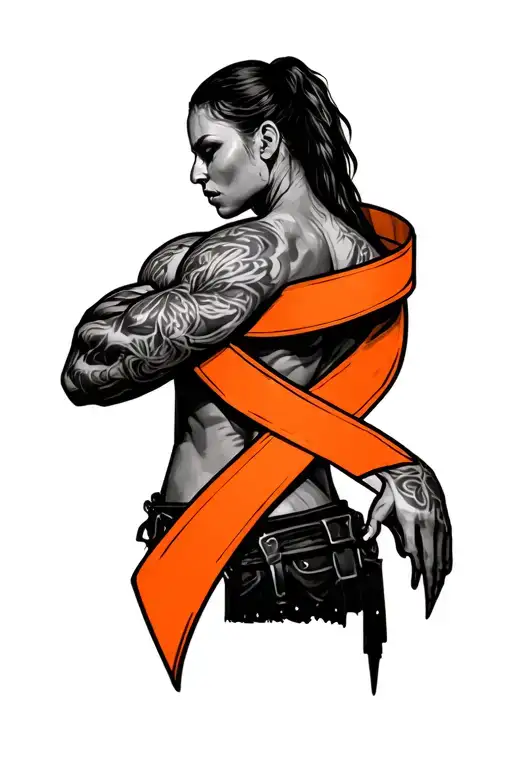 Cancer Survivor With Orange Cancer Ribbon Wrapped Tightly