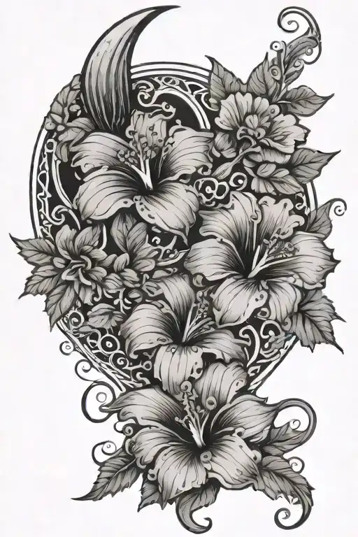 Large Crescent Moon Surrounded By Smaller Hibiscus Flowers Tattoo