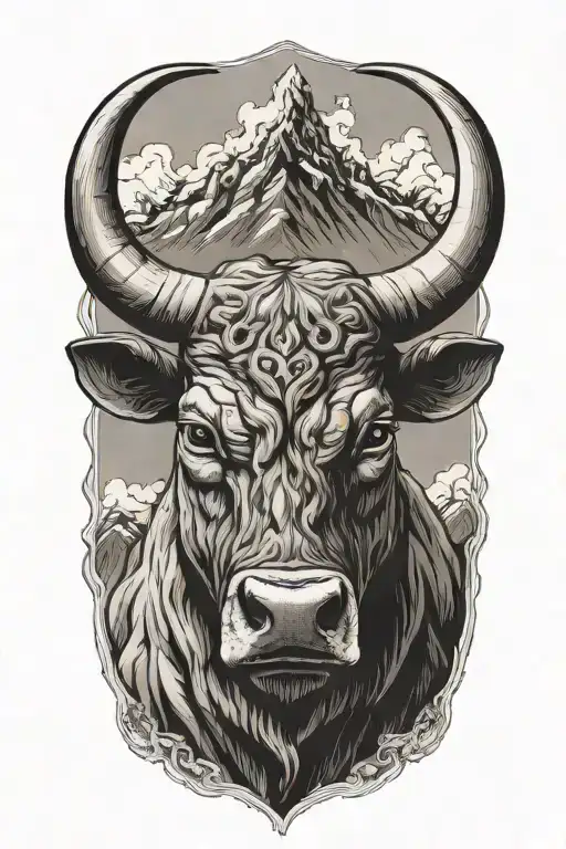 Minimalistic Bull's Head With 2 Thick Horns With Majestic Mountains Behind Him