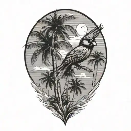 Flying Cardinal Over Palm Tree