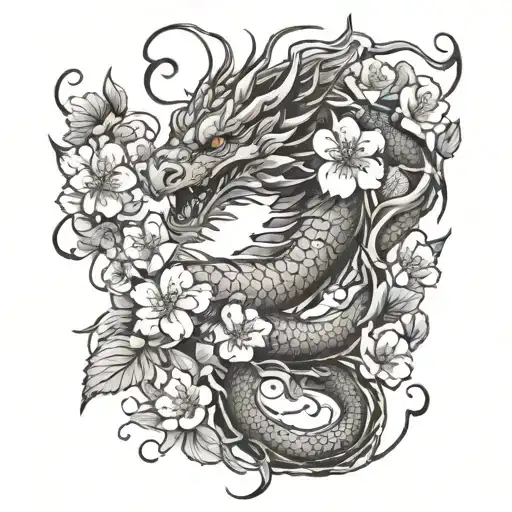 Dragon With Butterflies And Flowers Blooming Cherry Blossom