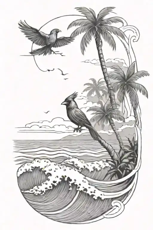 Ocean Waves With A Cardinal Flying And Dark And A Palm Tree On A Beach
