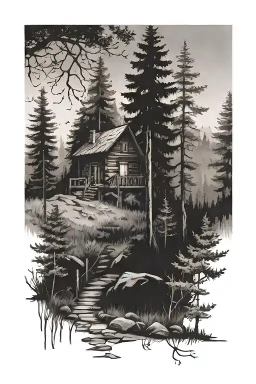 Forest With Path Leading Towards A Cabin