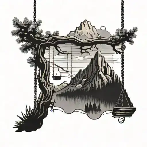 Mountain In A Background And A Swing Hanging From A Tree Branch In Foreground