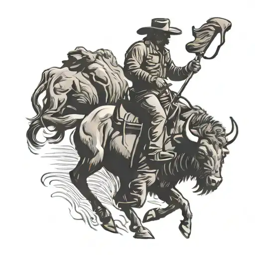 A Silhouette Of A Ranch Hand Riding A Powerful Buffalo With A Horse Running Alongside