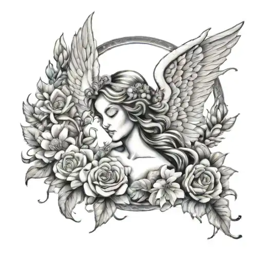 A Serene Scene Of An Angel Surrounded By A Garden Of Vibrant Flowers