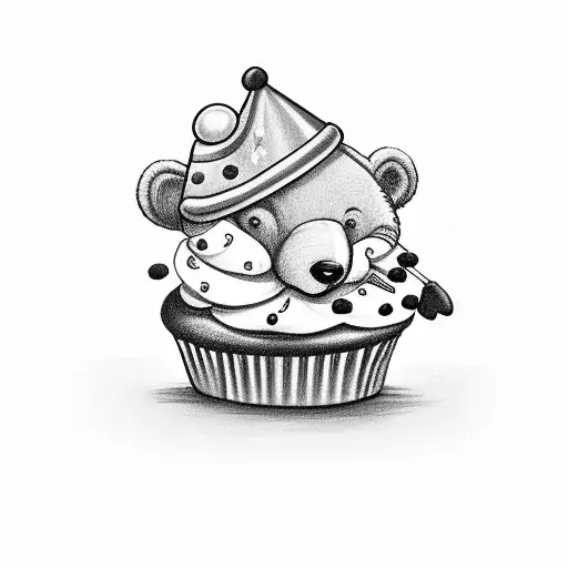 Cartoon Bear Wearing A Party Hat Sitting On A Cupcake