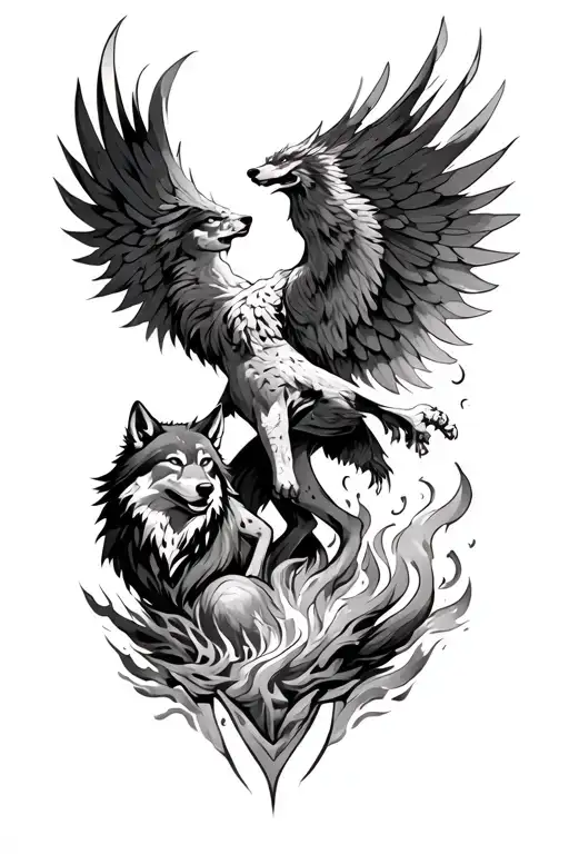 Phoenix With A Wolf Helping Him Rise From The Ashes