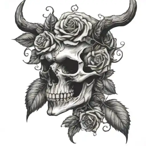 A Wendigo Skull Adorned With Delicate Black-grey Roses