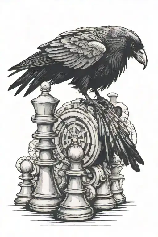 Raven Standing On A Pile Of Chess Pieces