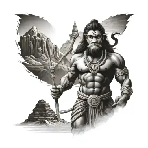 Tattoo Of A Sillouette Or Shadow Of Hanuman Standing Proudly With Mount Kailash In The Background