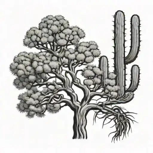 Lebanese Cedar Tree Intertwined With Mexican Cactus Plant