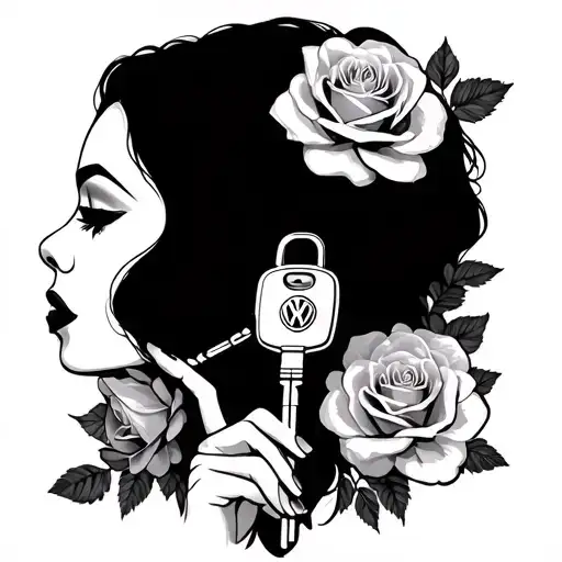 Lady Face Side Profile Surrounded By Roses And Leaves With Hand On Lips Holding Vw Car Key