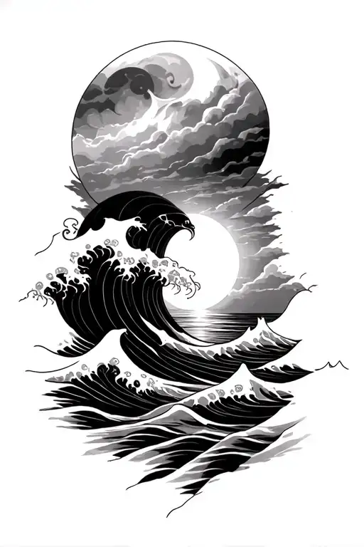 Waves And Sun Setting Sun And Rising Moon