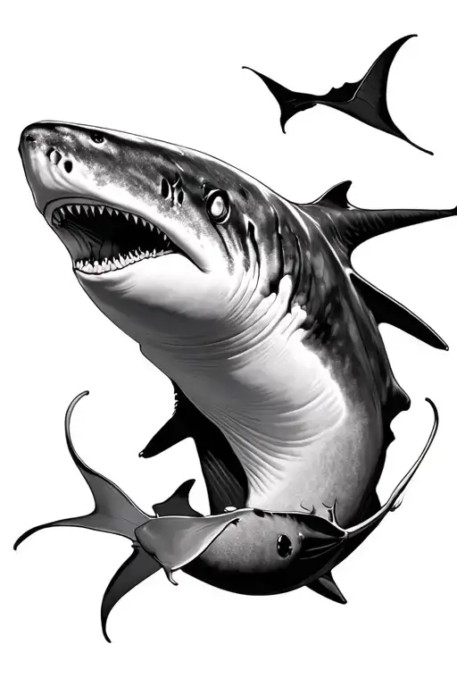 Whale Shark And Manta Ray Swimming In A Line