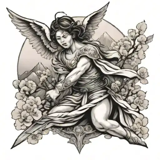 Angel With Wings On Field With Swords In Stuck In Ground Before Mountain Fuji With Sakura Tree