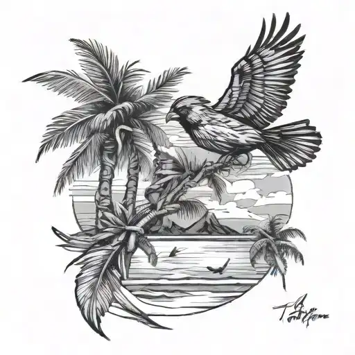 Flying Cardinal And A Beach Scene With Palm