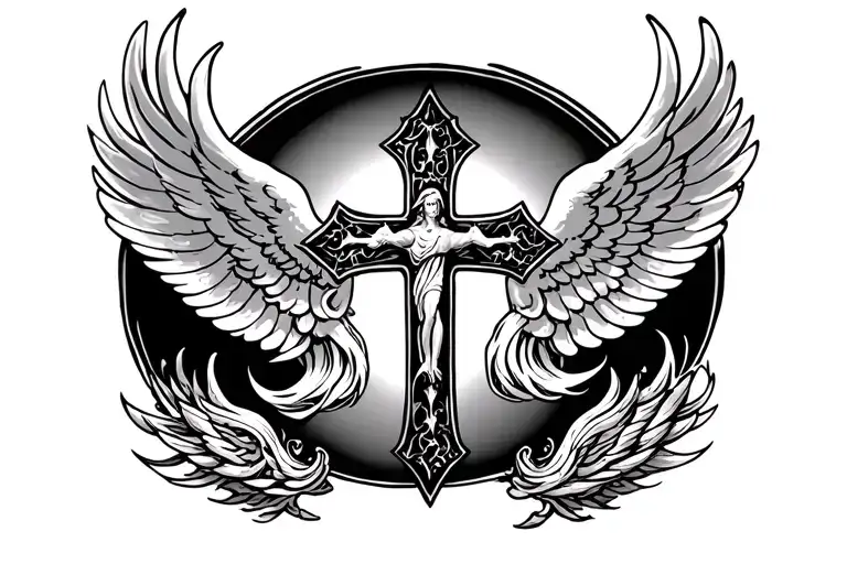 Tramp Stamp Cross With Angel Winds Surrounding It