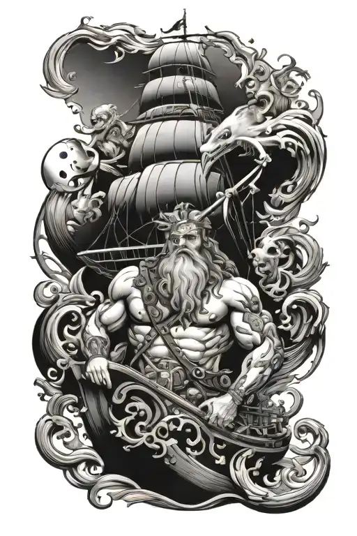 Poseidon Above Pirate Ship With Sea Creatures Swimming