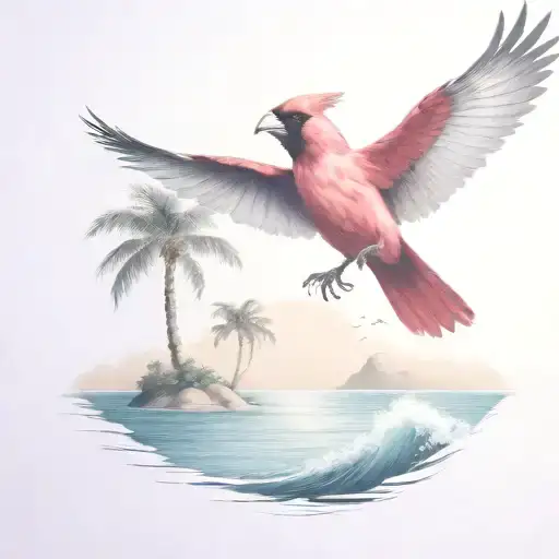 Flying Cardinal To The Ocean And Palm Tree With Clouds