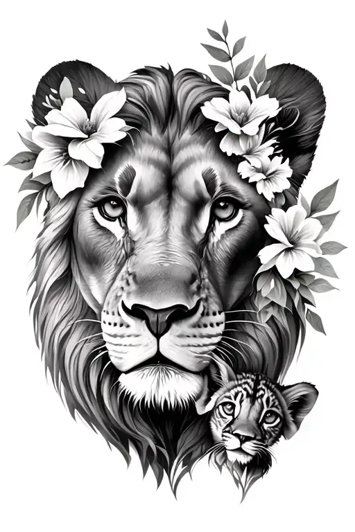 Female Lion Head With Lion Cub With Flowers Around Their Ears And Incorporated In The Portrait