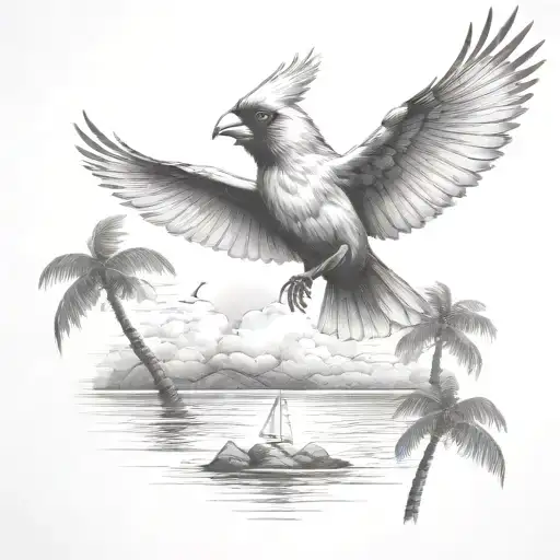 Flying Cardinal To The Ocean And Palm Tree