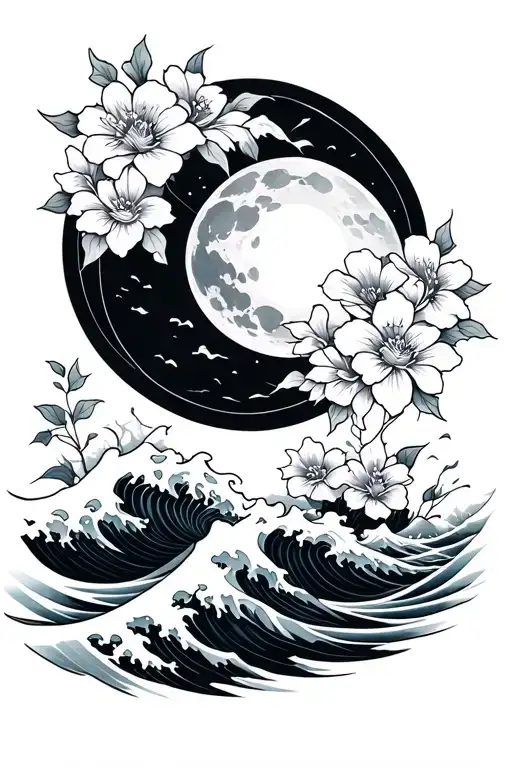 Waves And Sun Setting Sun And Rising Moon With Japanese Flowers