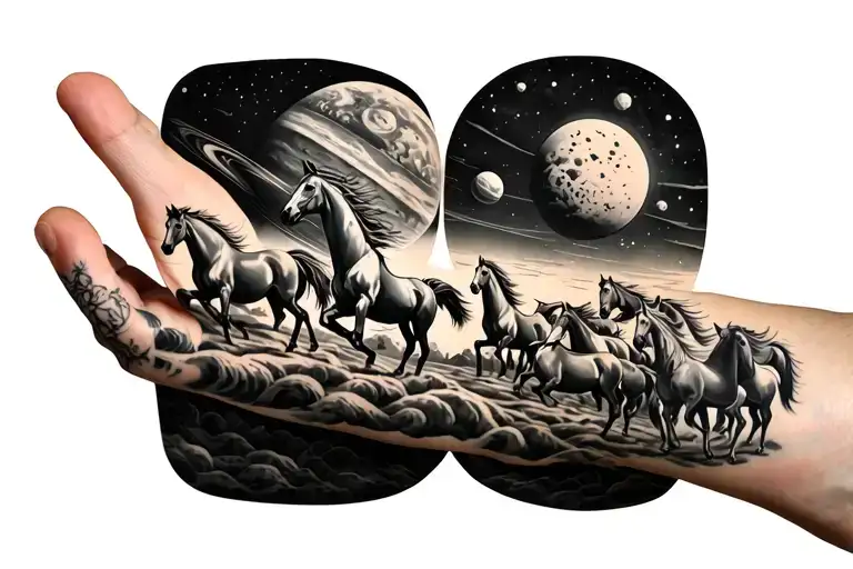 Left Hand Small Sleeve With All Planets And Sun Rising On 7 Horses