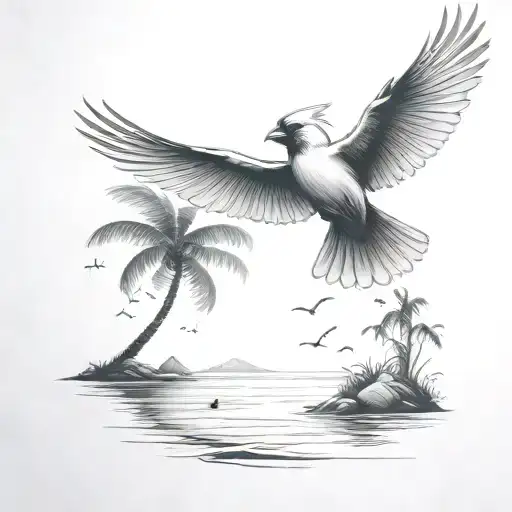 Flying Cardinal To The Ocean And Palm Tree